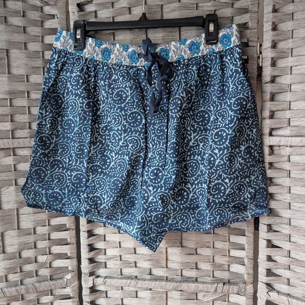 Sundance Kai Indigo Blue Batik Block Print Cotton Drawstring‎ Shorts Womens XL